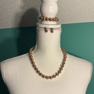 Elegant Gold Beaded Necklace, Bracelet, and Matching Earrings